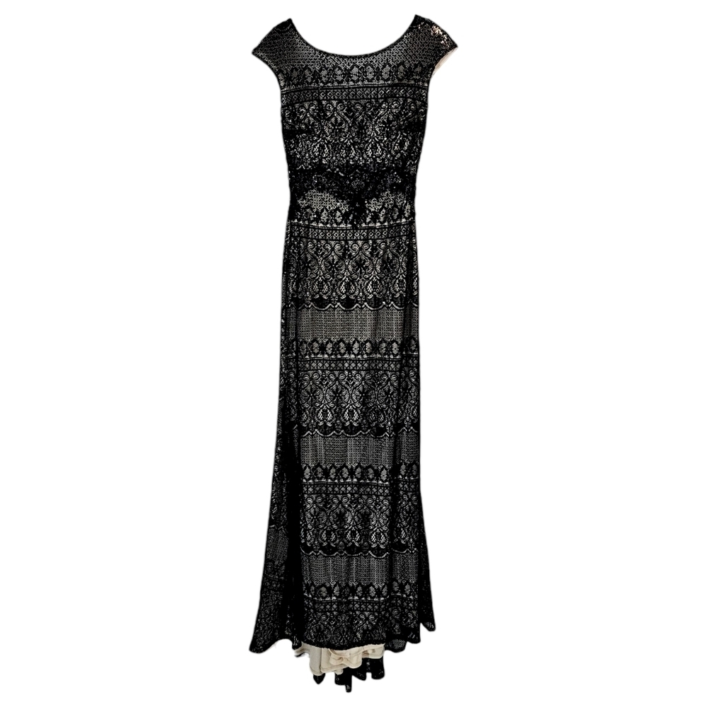 Tony Bowls Black Beaded Lace Sheer Illusion Floor Length Gown - Picture 4 of 11